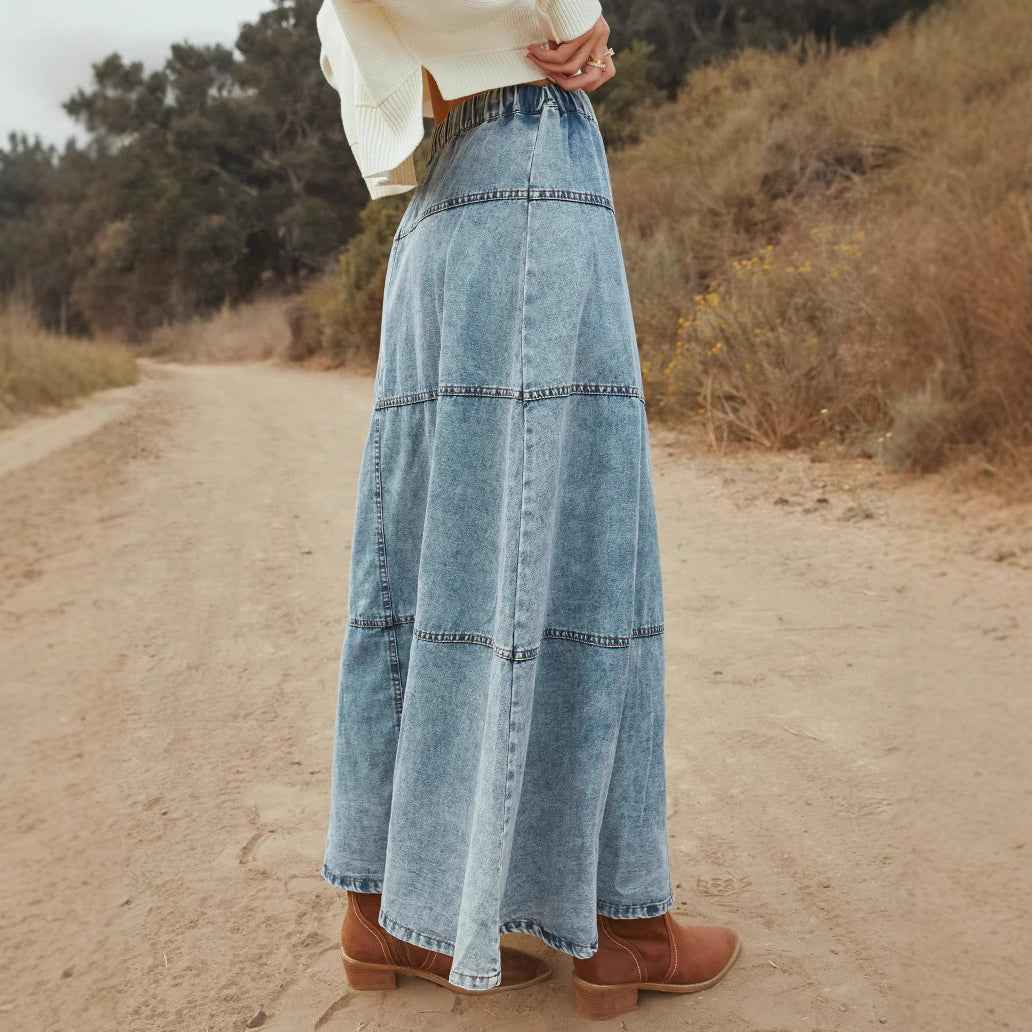 Vintage Washed Denim Maxi Skirt – Button Front & Tiered Panels