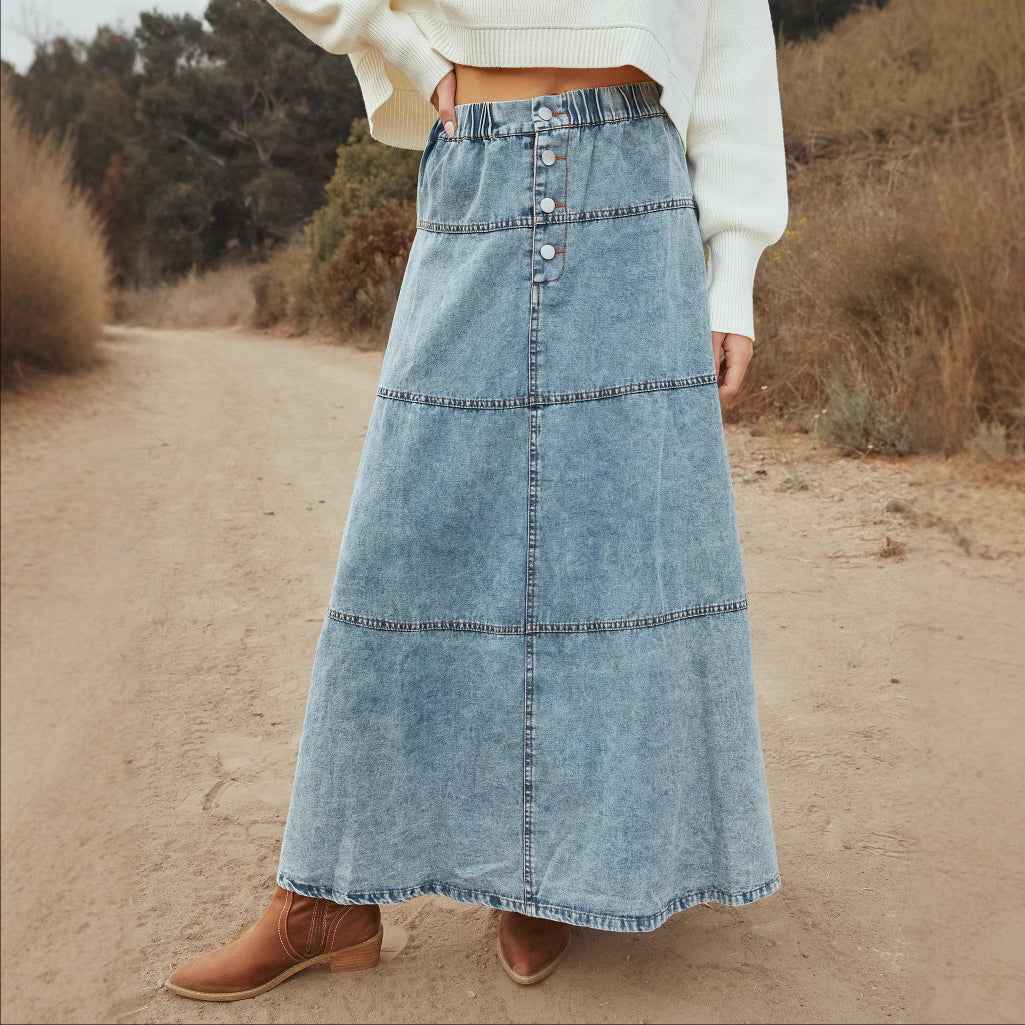 Vintage Washed Denim Maxi Skirt – Button Front & Tiered Panels