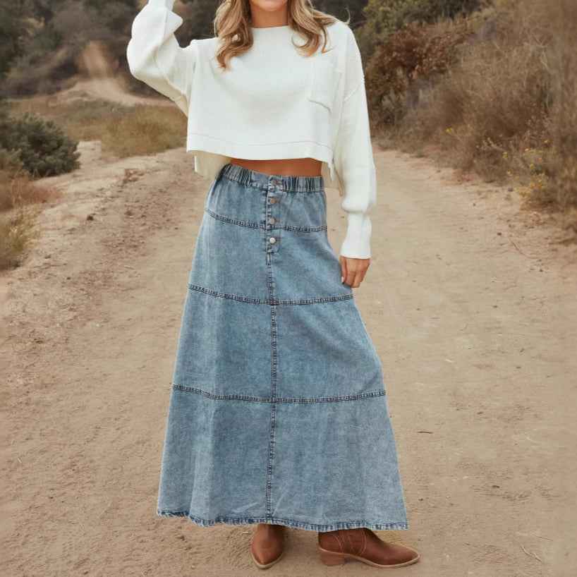 Vintage Washed Denim Maxi Skirt – Button Front & Tiered Panels