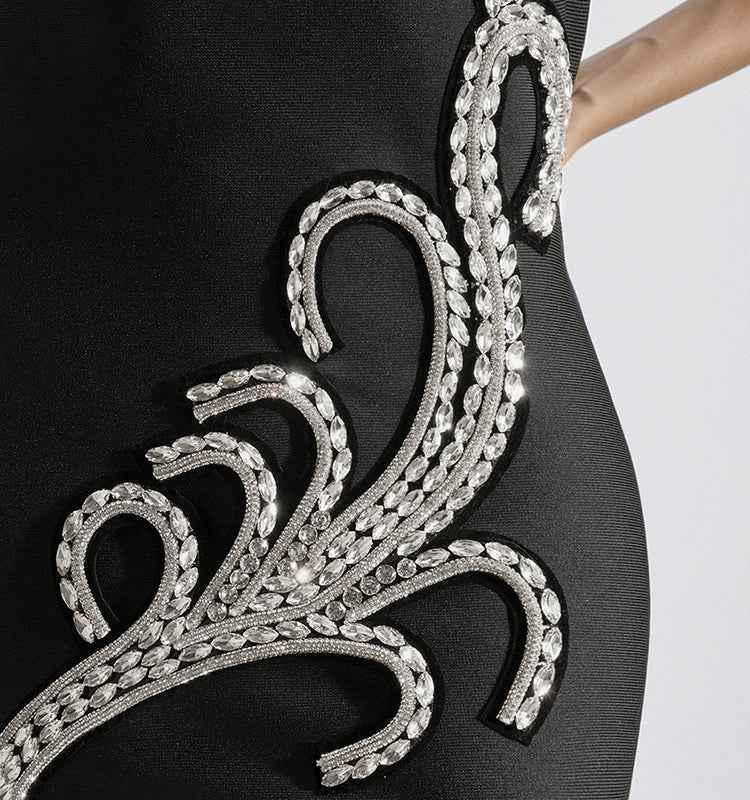 Elegant Black Mini Dress with Puff Sleeves & Crystal Embellishments