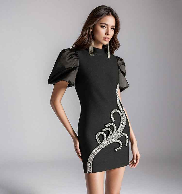 Elegant Black Mini Dress with Puff Sleeves & Crystal Embellishments
