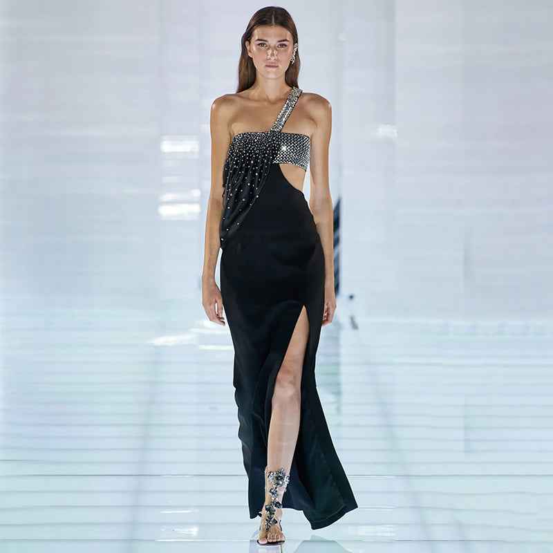Luxe One-Shoulder Black Evening Gown with Crystal Detail & Thigh Slit