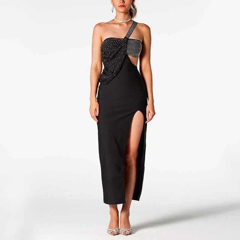 Luxe One-Shoulder Black Evening Gown with Crystal Detail & Thigh Slit