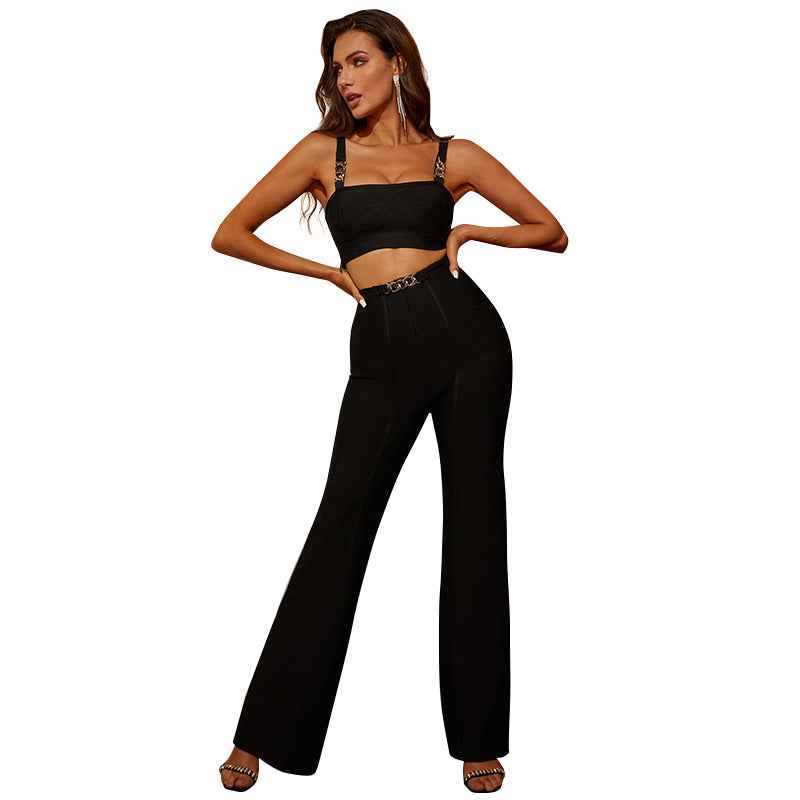 Elegant Black Two-Piece Set with Gold Chain Detail – Evening Chic