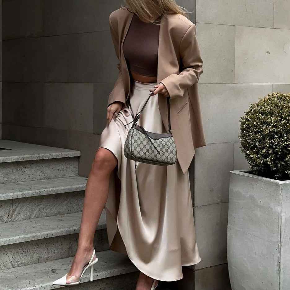 Champagne Satin Maxi Skirt – Luxe Flow & Timeless Elegance
