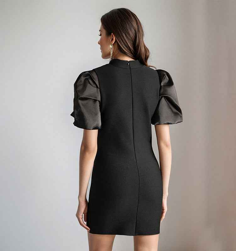 Elegant Black Mini Dress with Puff Sleeves & Crystal Embellishments