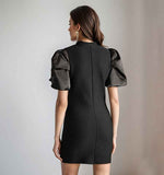 Elegant Black Mini Dress with Puff Sleeves & Crystal Embellishments