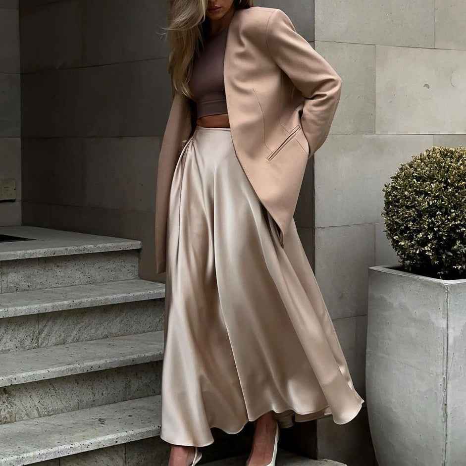 Champagne Satin Maxi Skirt – Luxe Flow & Timeless Elegance