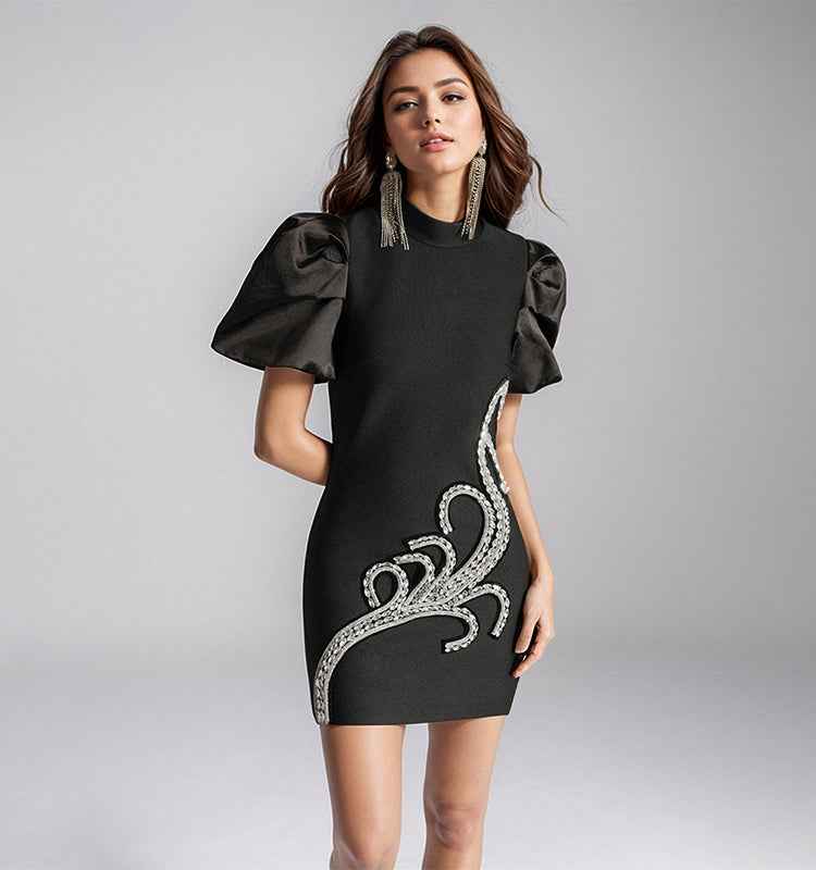 Elegant Black Mini Dress with Puff Sleeves & Crystal Embellishments