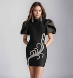 Elegant Black Mini Dress with Puff Sleeves & Crystal Embellishments